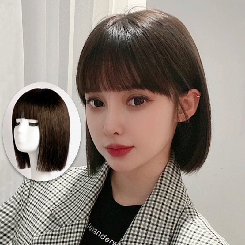 Xuchang wigs, Bob hairstyle, short real hair, medium-long collarbone hair, simulated slit air bangs wigs, head covers wholesale pic 1
