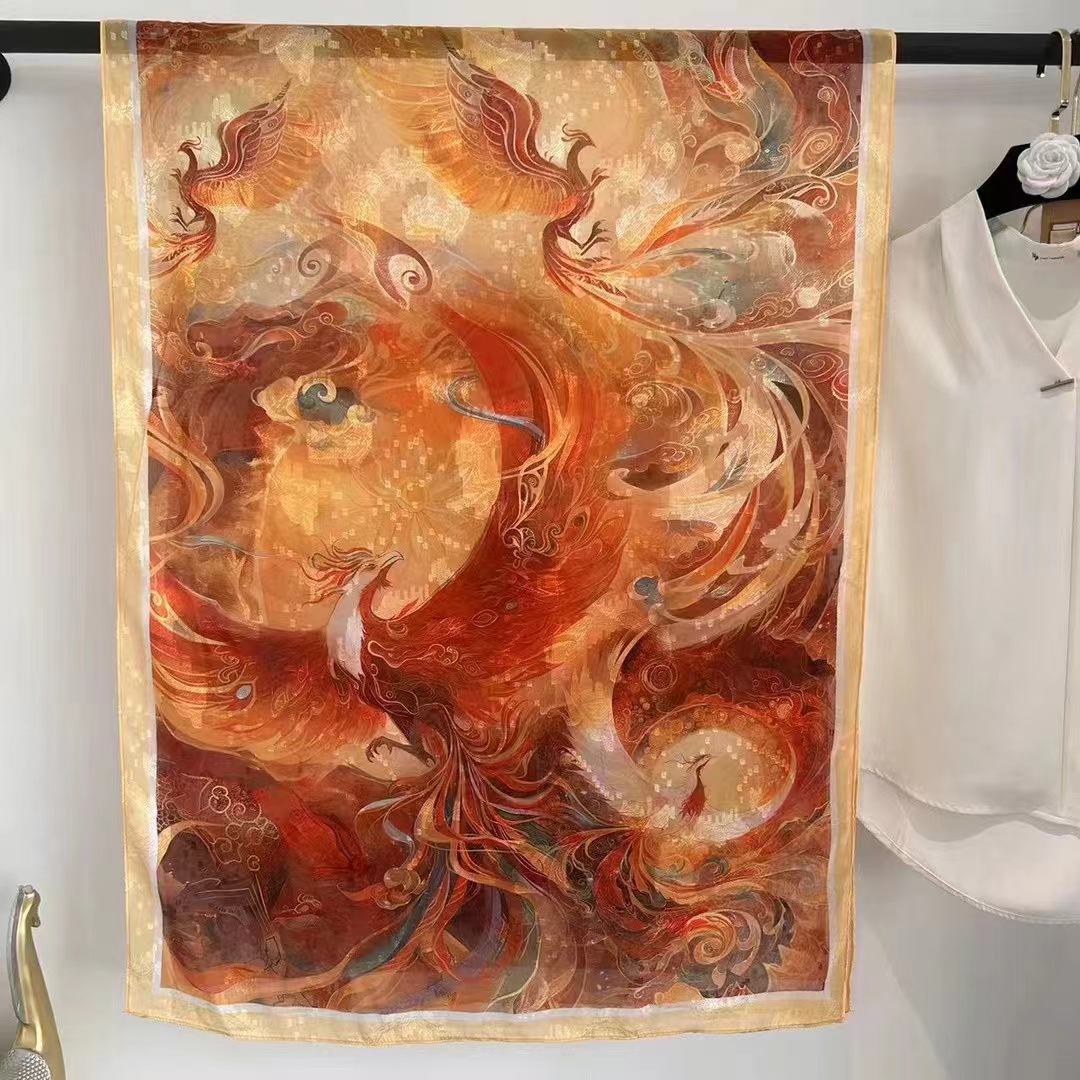 国潮新款仿香云纱大长巾女丝巾花萝仿真丝披肩围巾优雅中国风领巾复古详情5