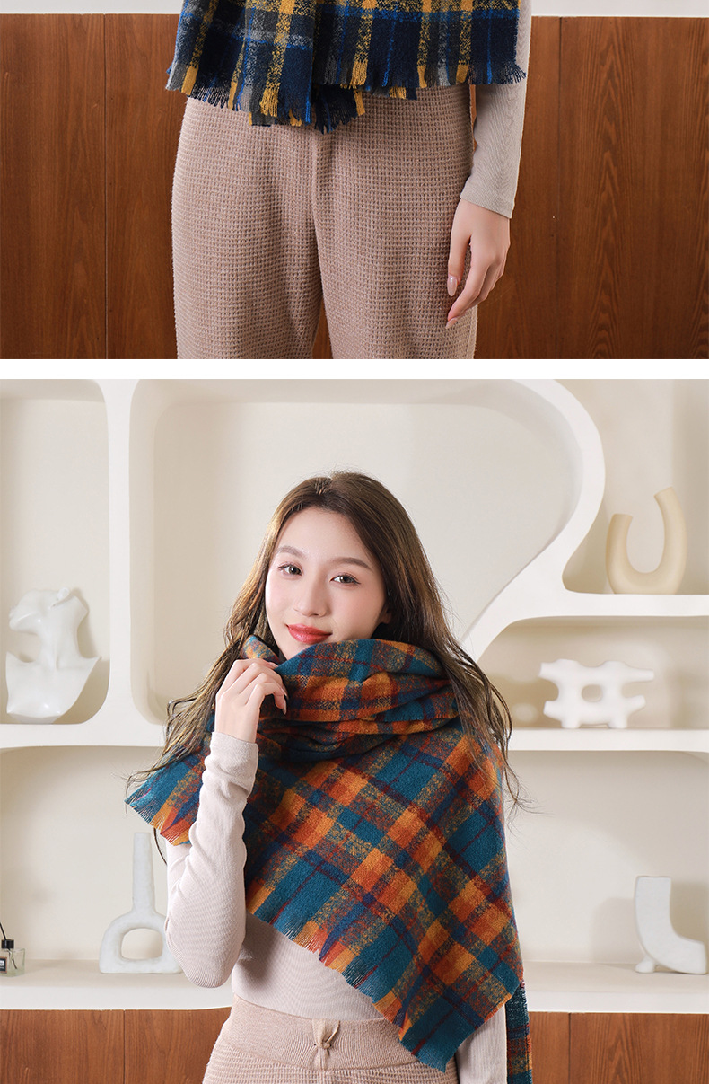 Winter couple student checkered scarf for girls 2023 Christmas gift, thickened and warm fringed faux cashmere scarf shawl pic 13