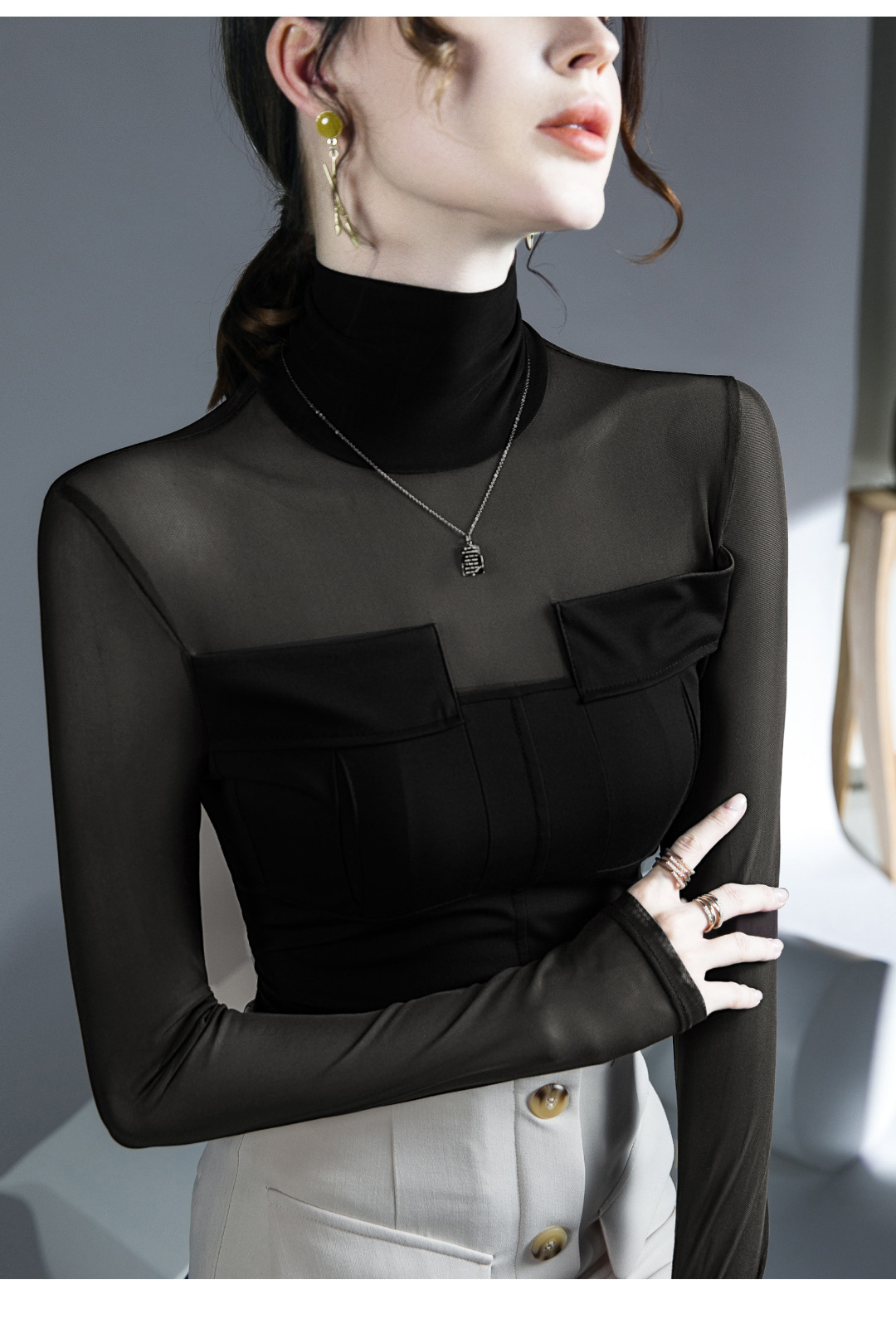 芙笙纪网纱微透拼接上衣秋冬新款内搭打底衫洋气高领长袖详情11