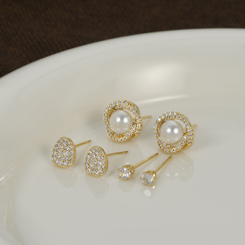 S925银针微镶锆石一卡三对套装耳钉女睡觉不用摘珍珠花瓣耳饰批发详情7