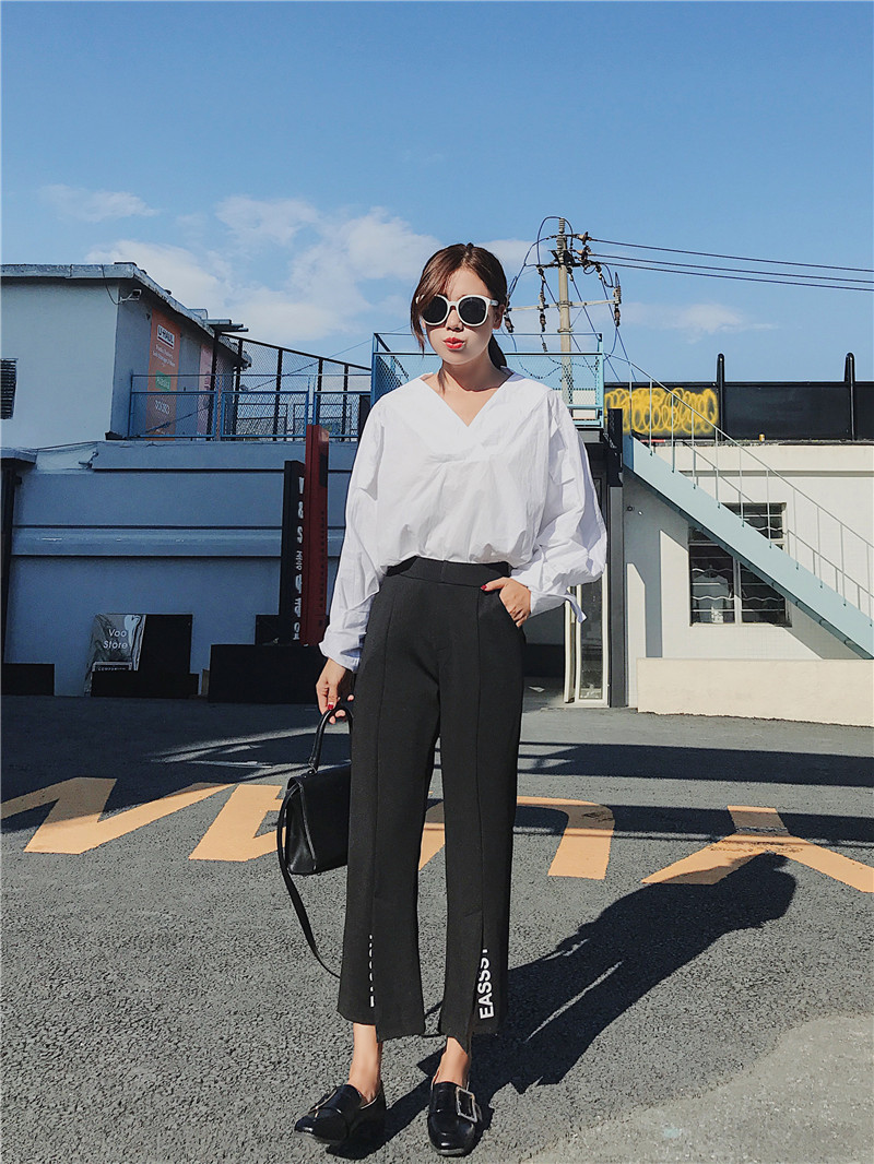 High-waisted, letter-printed black, slightly flared, fashionable, slit straight 9-inch casual pants pic 6