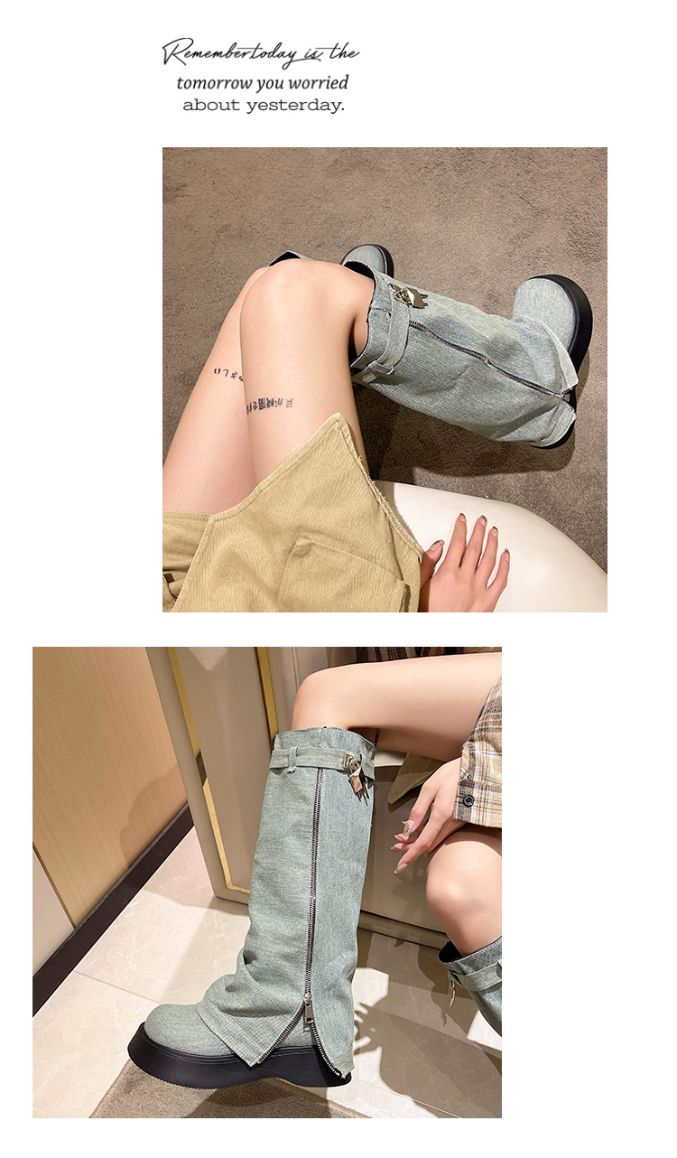厚底套筒牛仔靴长筒靴女士松糕底骑士靴小个子高靴辣妹长靴裤管靴详情13