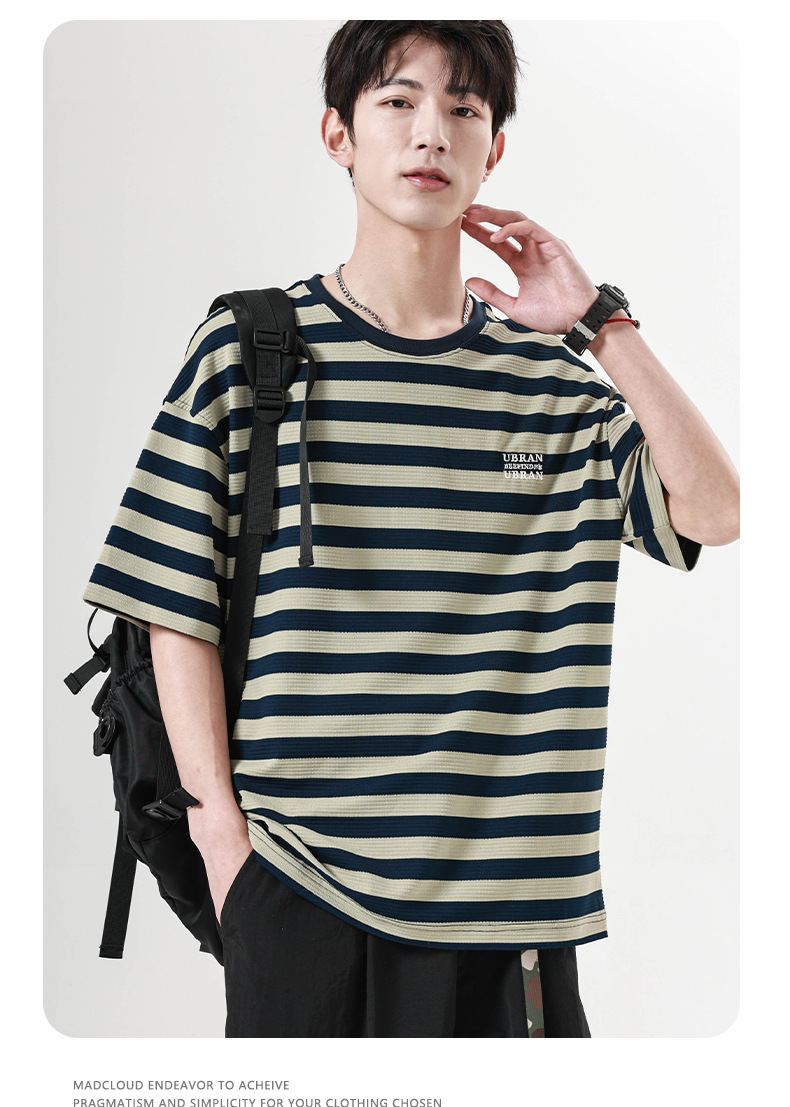 古川男装|2024夏季新款提花条纹短袖男宽松圆领套图百搭学生半袖详情14
