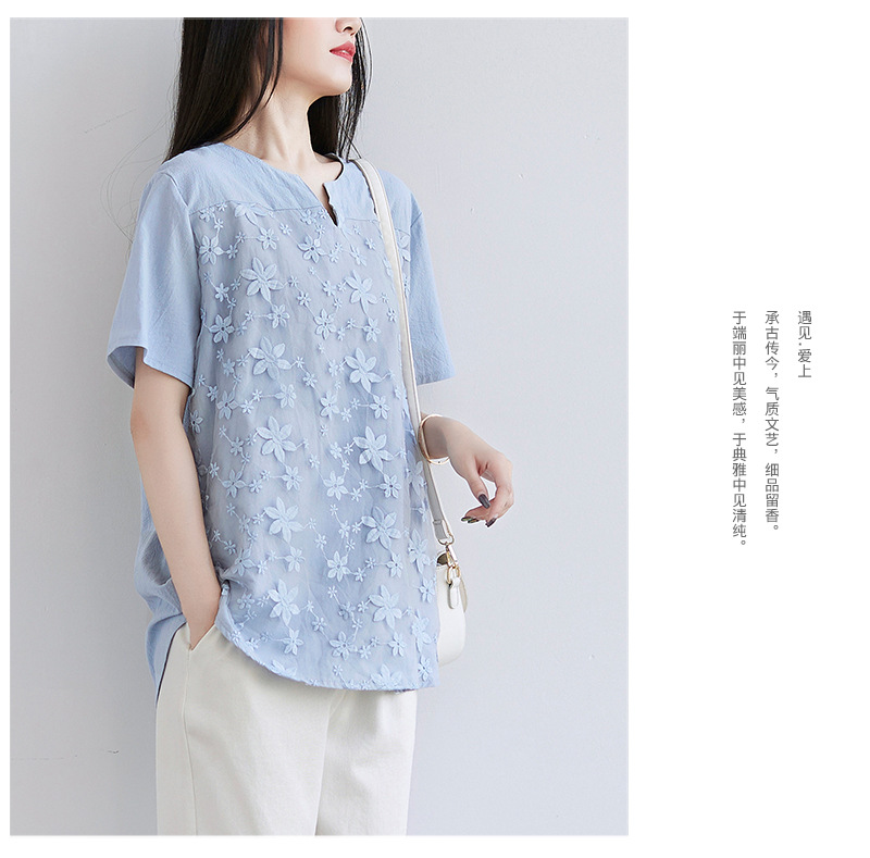 2022夏季新款速卖通欧美女装蕾丝刺绣短袖衬衫宽松女士上衣T恤详情18