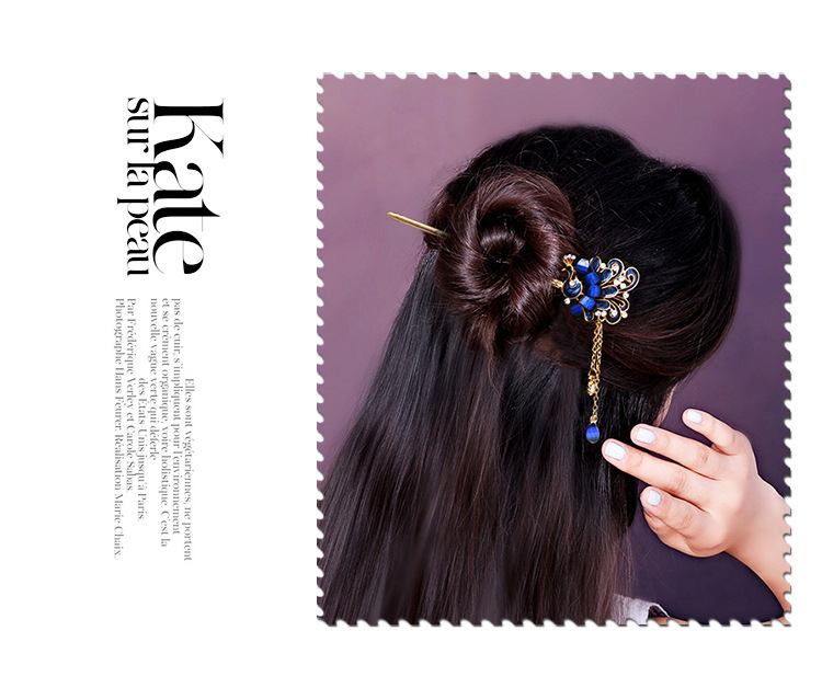 国潮系列玫瑰金孔雀民族风合金镶钻发簪 滴油复古风簪子流苏步摇发饰厂家直销详情31