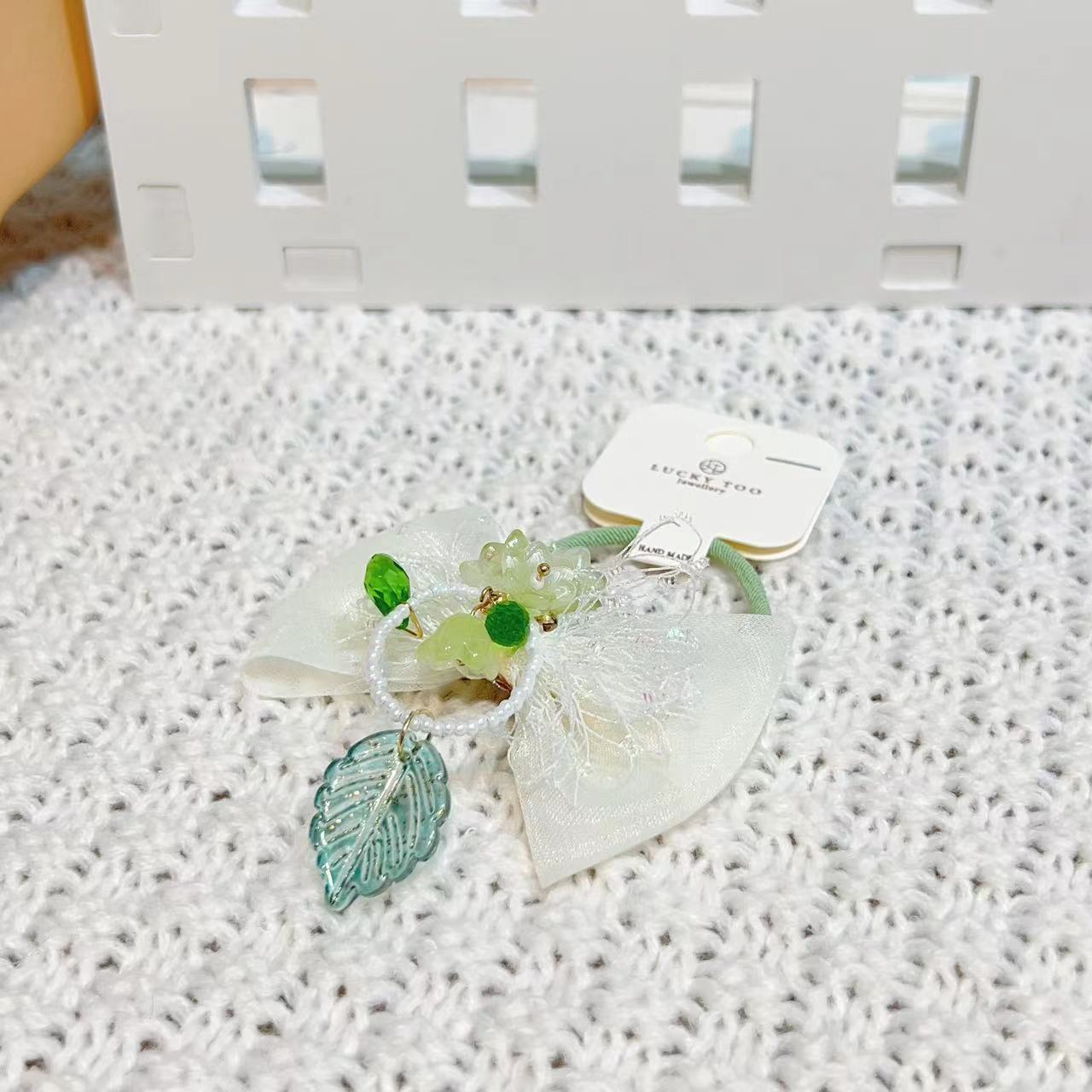 发绳LT10363韩系新款莎莎领结铃兰花串珠绿叶吊坠发饰发绳详情5