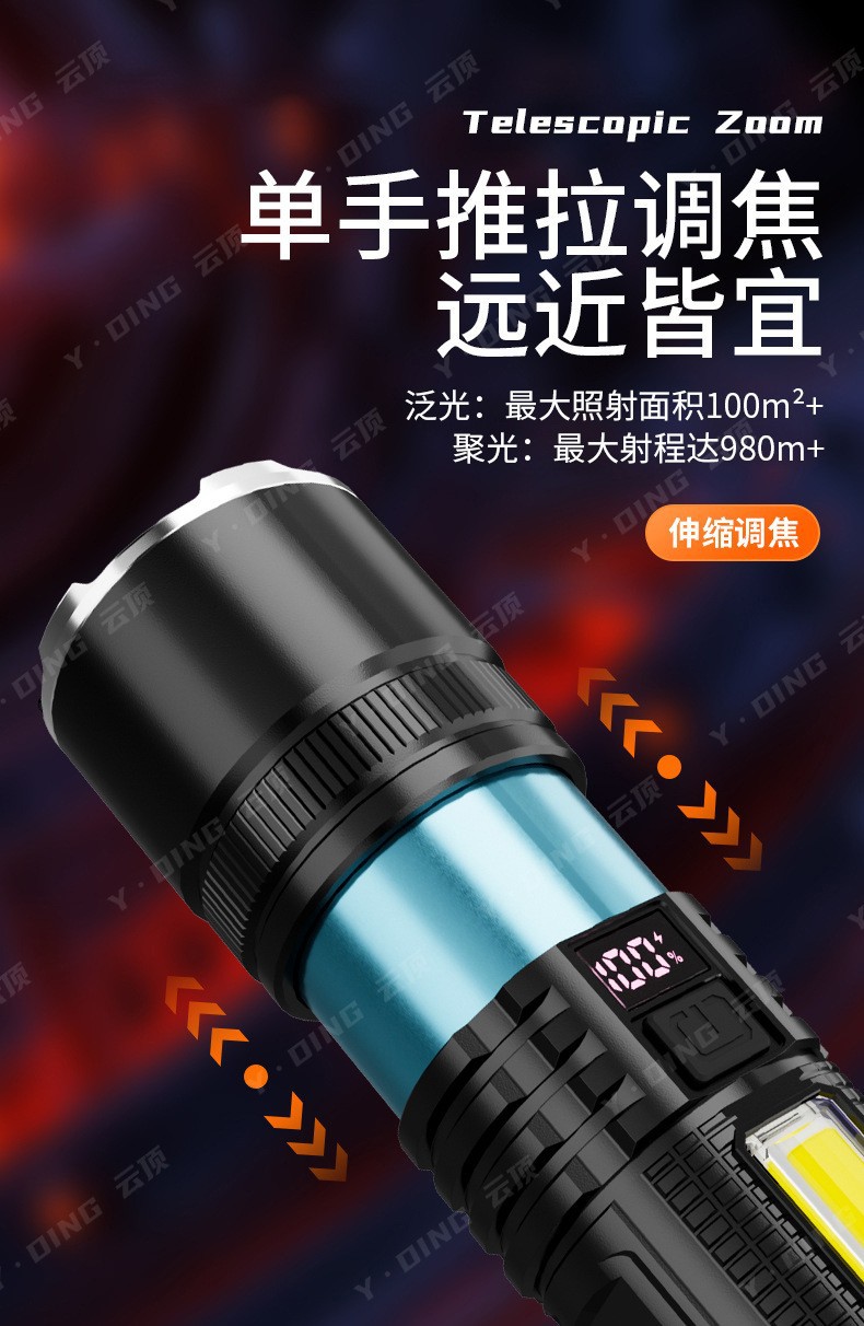 跨境新品白激光超强远射变焦数显手电筒强光户外充电LED手电详情8