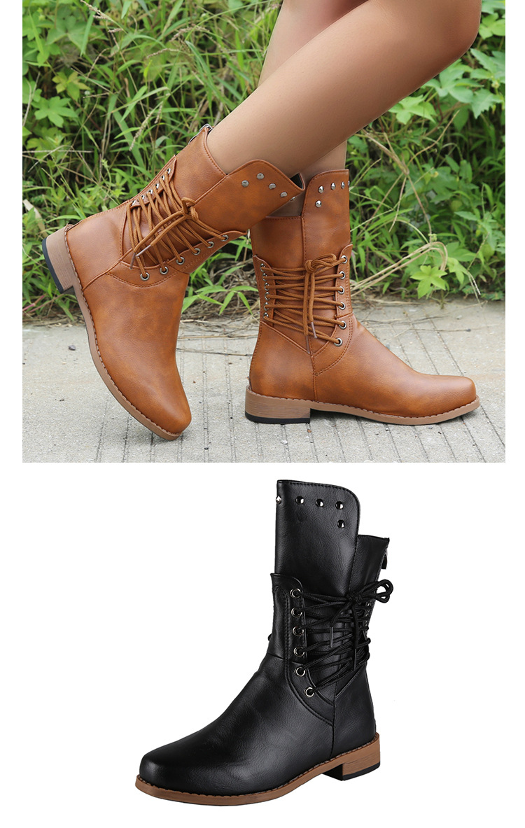 跨境外贸中筒靴女秋冬新款欧美柳钉低跟骑士靴纯色后拉链女式皮靴详情14