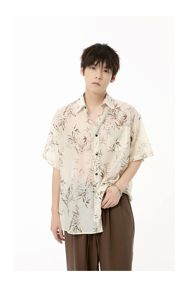 MTLCLOTHES男装|2024夏款新品 新中式国风薄款竹叶慵懒短袖衬衫潮详情18
