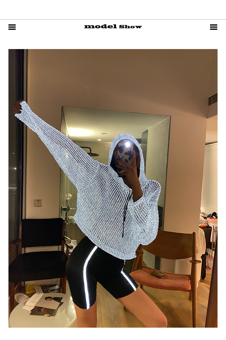 李婉君宽松连帽镂空针织衫女2020夏季薄款星辰反光蹦迪上衣长袖衫详情5