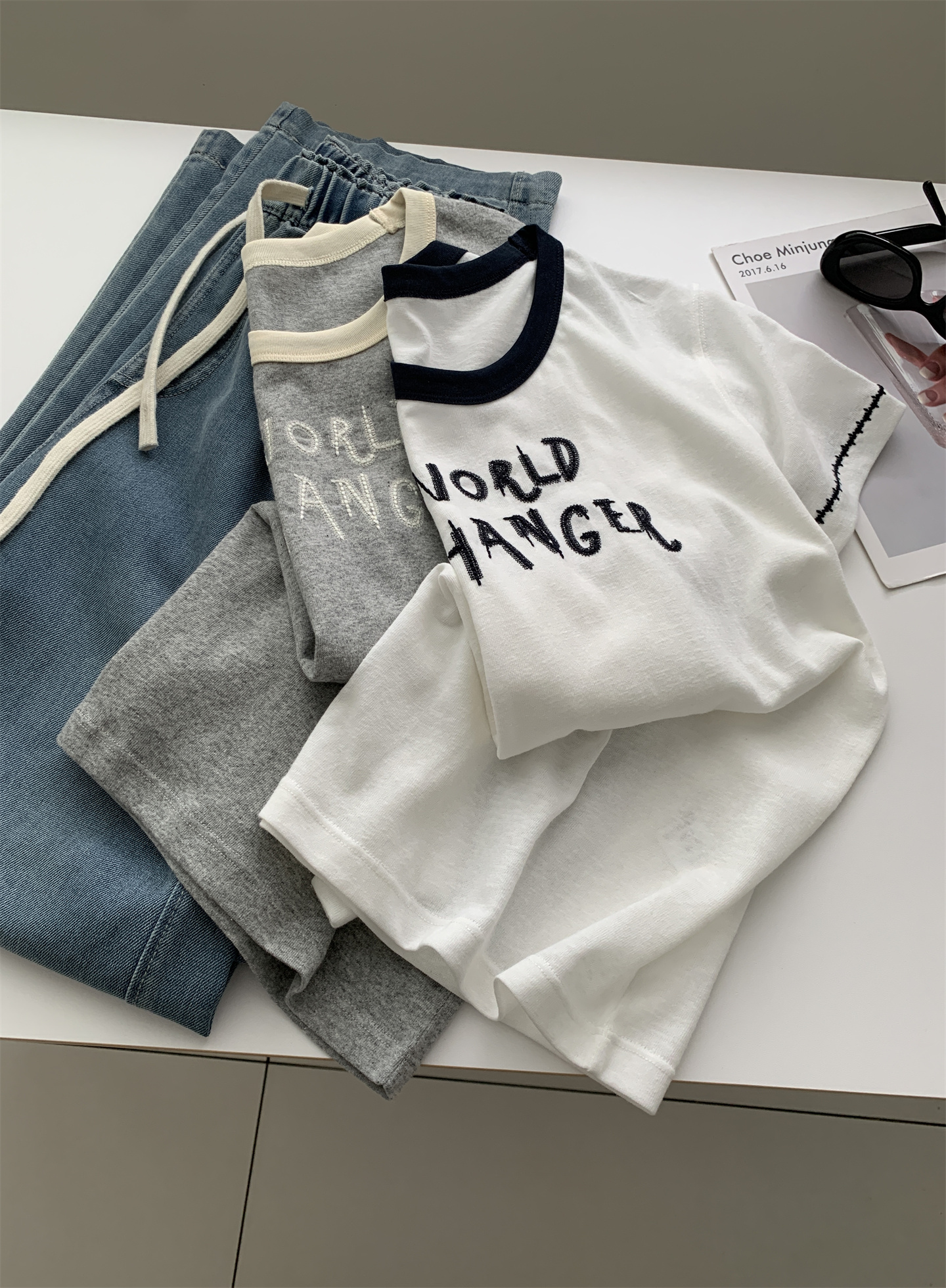 Summer thin, breathable snowflake cotton letter-shaped T-shirt for women, color-blocking round-neck lace embroidered loose short-sleeved top pic 16