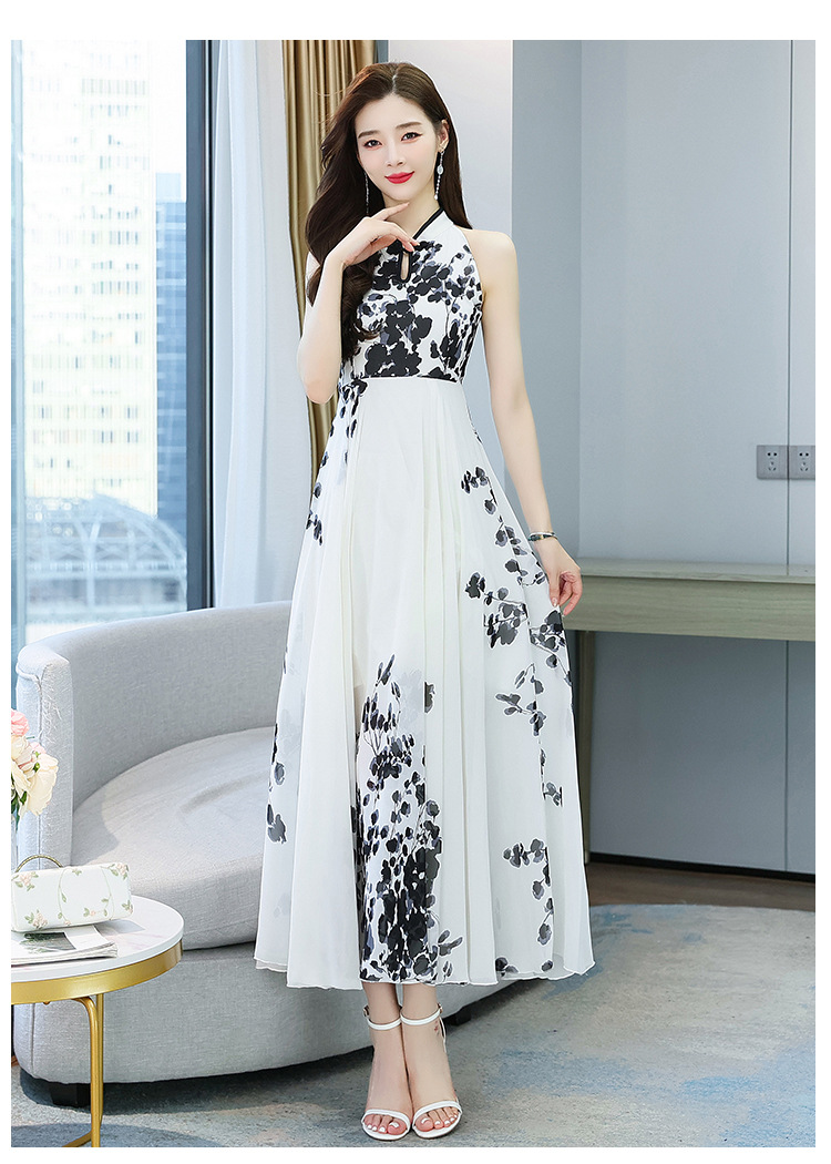 改良旗袍连衣裙女2022夏季新款时尚洋气削肩年轻款中国风水墨印花详情34
