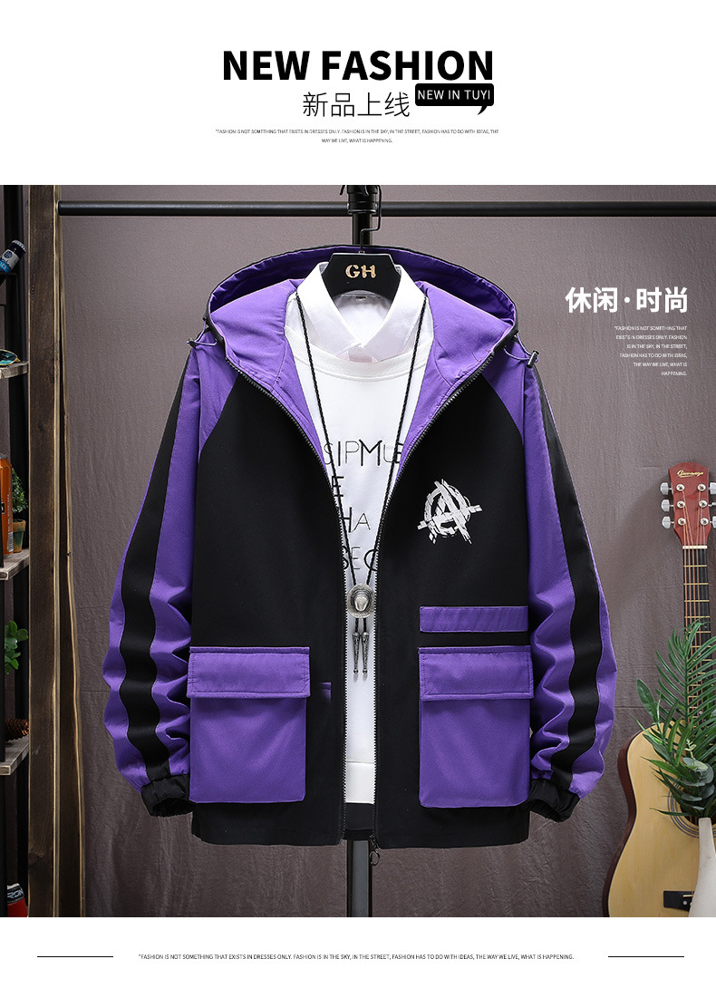 The new autumn collection of casual and versatile jackets for young people, featuring a fashionable and trendy color-blocked hooded graffiti coat for men pic 1