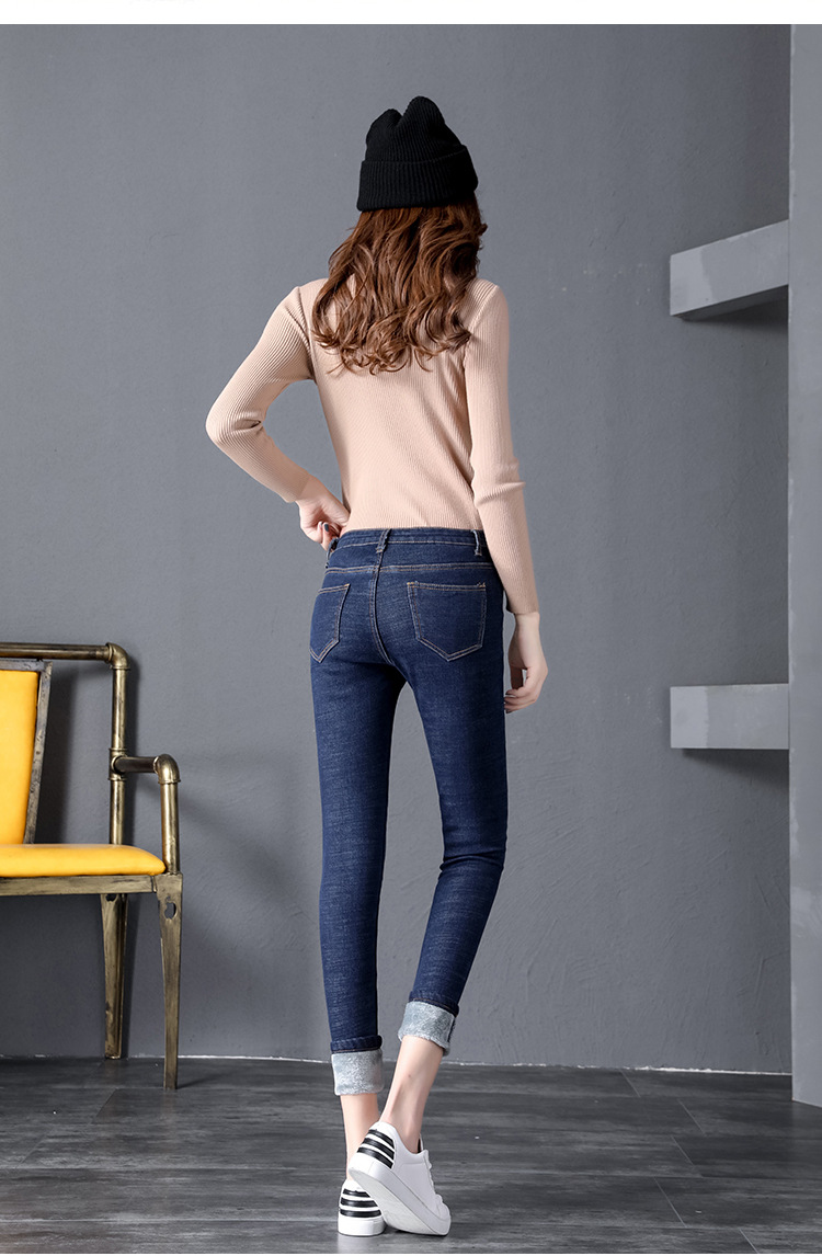 Winter fleece jeans for women, high-waisted, thick and warm Korean-style elastic slimming outerwear, small leg pants factory direct sales pic 35