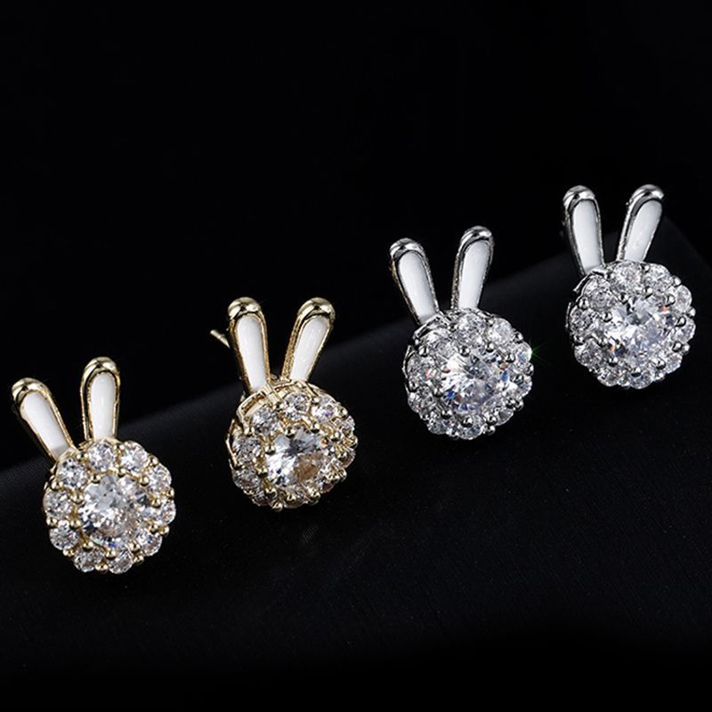 可旋转金色满钻兔子耳钉耳环女生肖兔可爱小动物网红百搭耳饰批发详情6