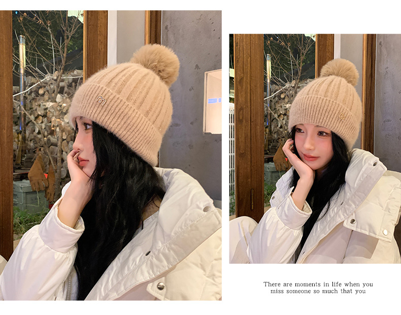 新款秋冬季针织毛球显脸小套头帽户外加绒保暖女甜美护耳毛线帽子详情10