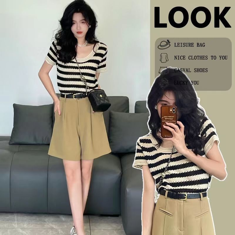 大码女装镂空韩系条纹针织短袖t恤复古圆领上衣时尚百搭2022夏季详情1