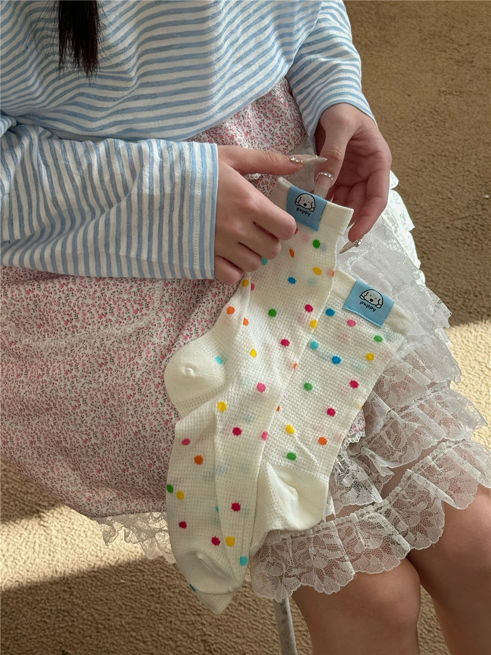 IOULOR薄款puppy狗彩色中筒袜夏季新品堆堆袜透气吸汗袜子批发女详情24