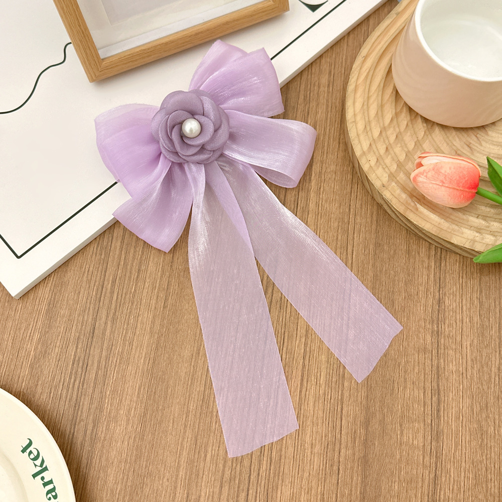 法式雪纺珍珠山茶花蝴蝶结发夹 珠光缎面甜美仙气弹簧夹不伤发头饰 手腕花装饰精致女士礼物详情7