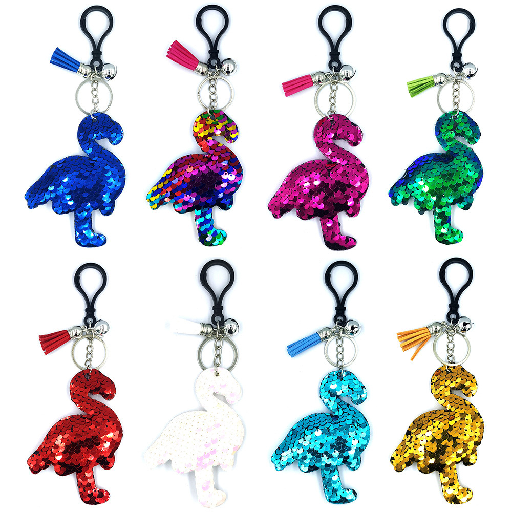 Reflective film flamingo bell tassel keychain pendant, reflective colored glossy pendant, ladies' bag pendant pic 1