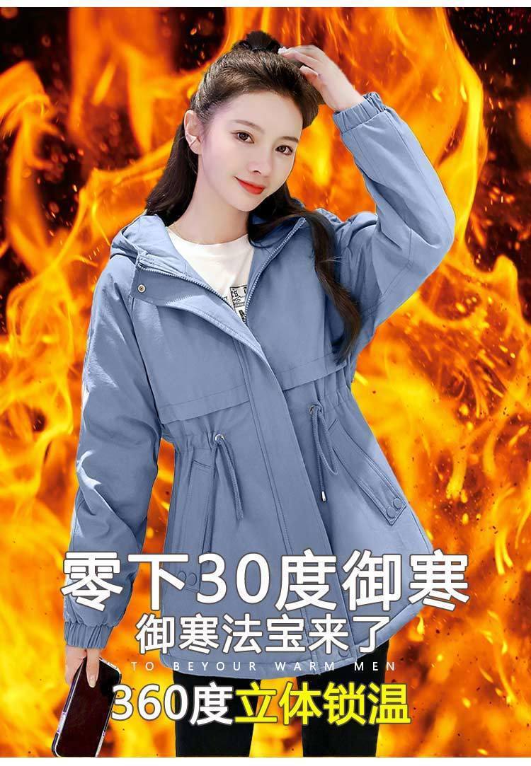 加绒加厚中长款风衣女2022新款韩版百搭小个子宽松连帽棉服外套女详情4