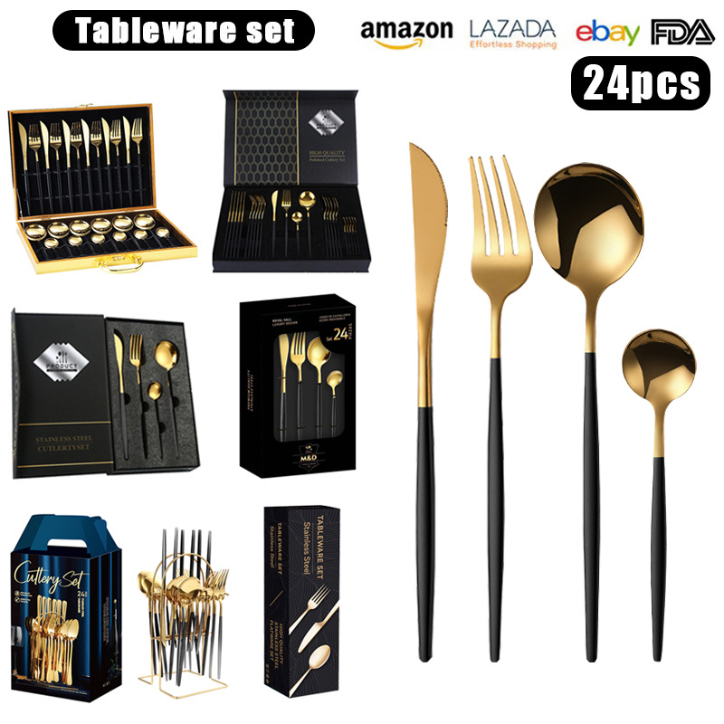 跨境热销葡萄牙不锈钢刀叉24件套餐具套装礼盒装镀钛金色西餐勺子详情4