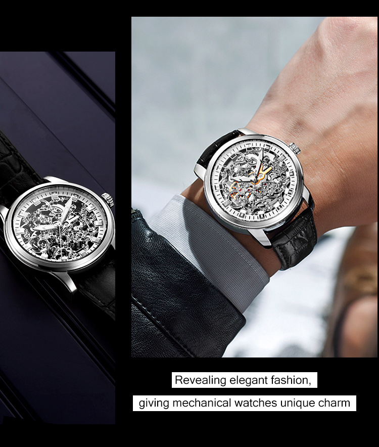 Utime高档品牌机械手表男全自动商务镂空真皮防水男款机械表腕表详情14