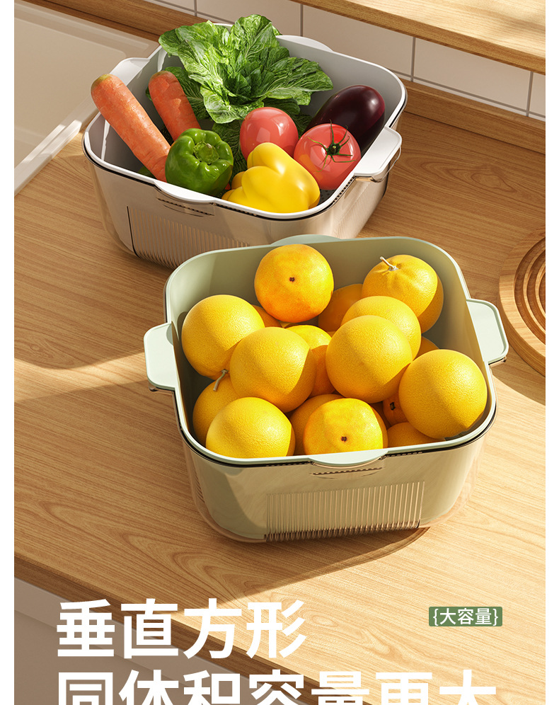 新款 沥水篮双层加厚透明洗菜盆厨房家用客厅多功能洗水果蔬菜篮详情11