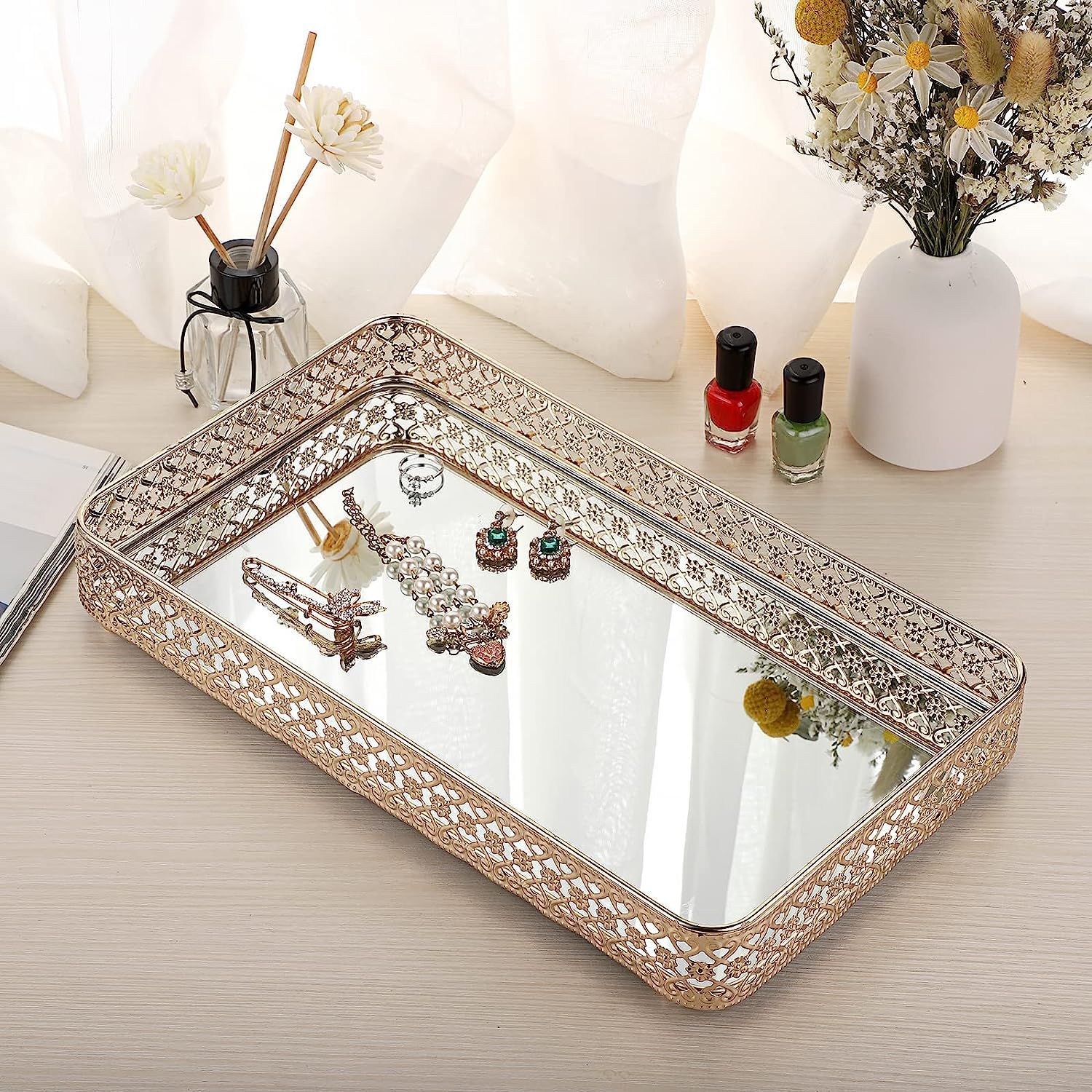 香水镜子托盘化妆梳妆台托盘空心雕刻珠宝饰品存储整理器装饰托盘详情13