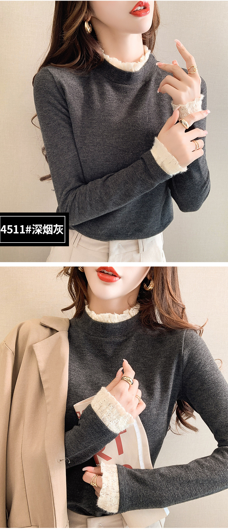 Lace semi-high neck fleece base layer shirt for women, versatile for autumn and winter 2022 new style fleece long-sleeved stylish inner layer top pic 10
