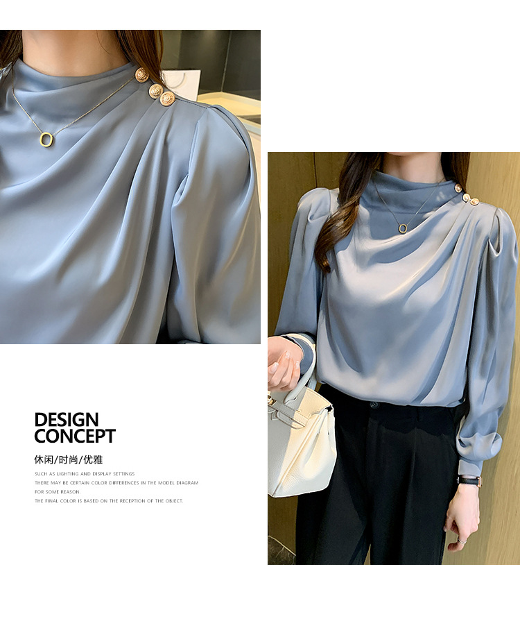 外贸供货2023轻熟气质立领褶皱灯笼袖时尚长袖上衣宽松女士衬衫详情40