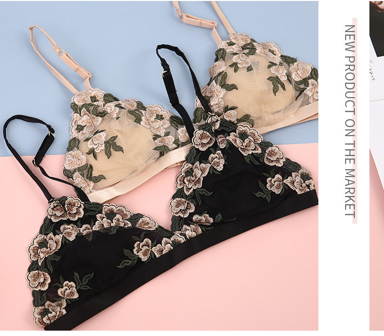 法式刺绣三角杯无钢圈内衣薄款透视网纱文胸有棉垫性感文胸套装详情13