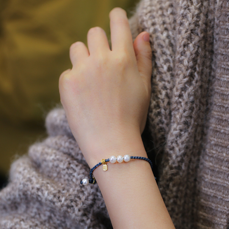 Natural pearl woven bracelet for women, 925 Silver Blessing brand pearl three-round bead hand-woven bracelet, commemorative small gift pic 6