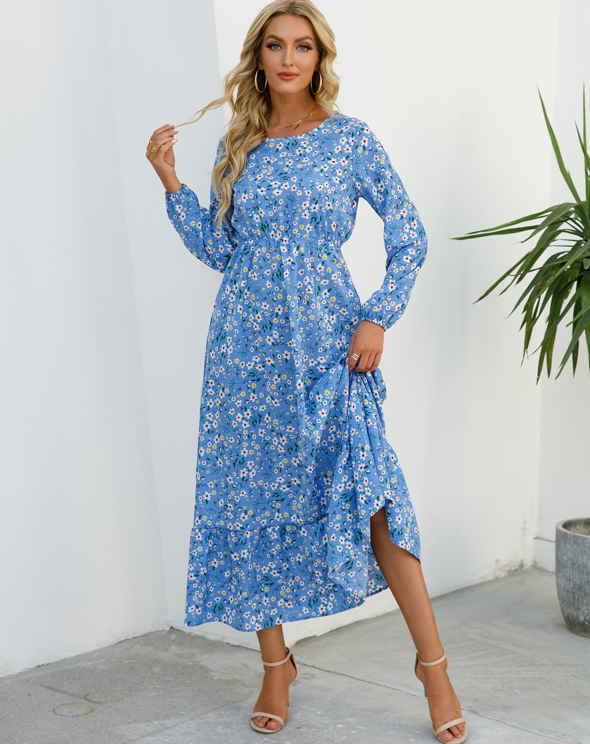 European and American floral long, round-neck, long-sleeved, waist-cinching and slimming dress pic 68