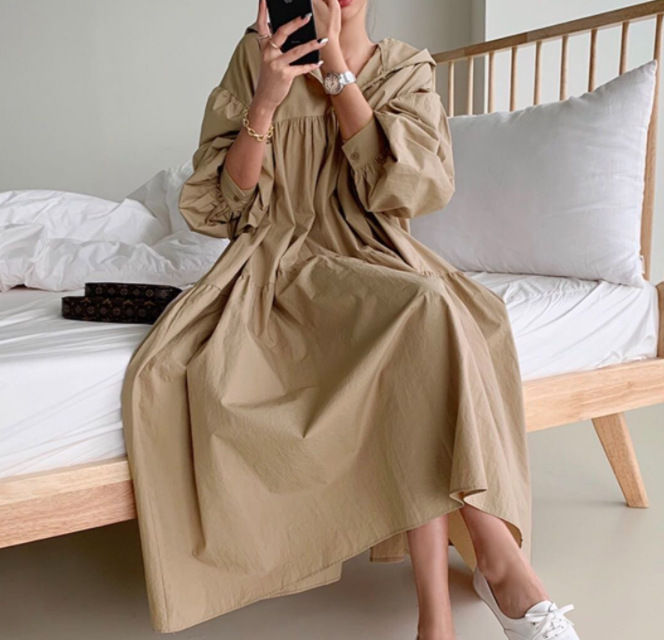 跨境货源女装韩版新品chic连帽宽松长款连衣裙大码休闲衬衣长裙详情9