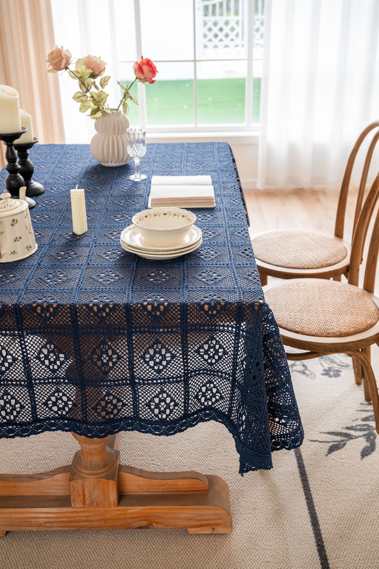 Cross-border hollowed-out hidden deep blue tablecloth, retro crochet photo art book, personalized cotton thread woven tablecloth cover pic 19