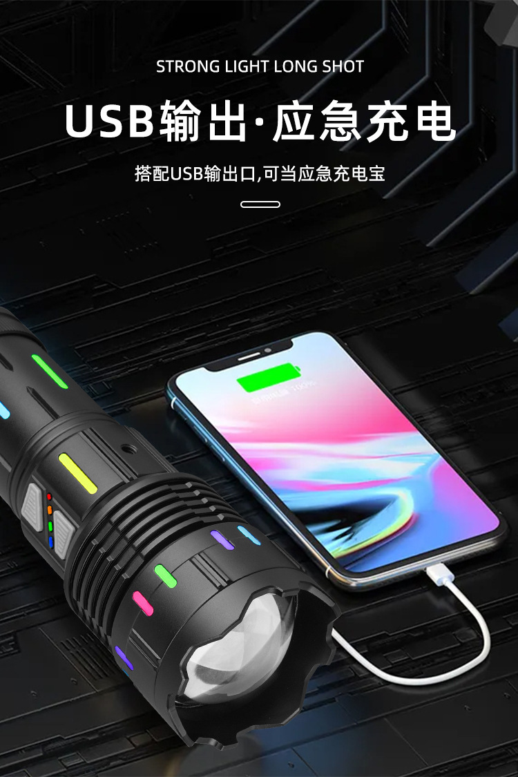 猎天鹰铝合金手电筒强光雷射炮Type-C快充多功能变焦远射照明电筒详情11