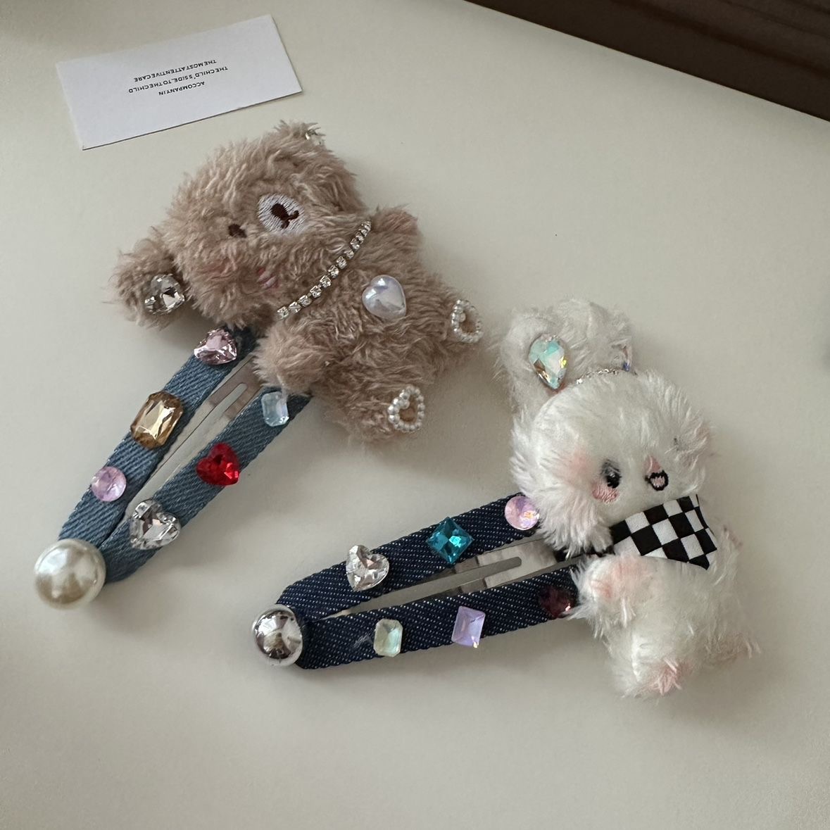 Cute plush rabbit bear denim hair clip, ins high-end colored diamond, sweet, cool, soft and cute girl large hair clip and hair accessory pic 10