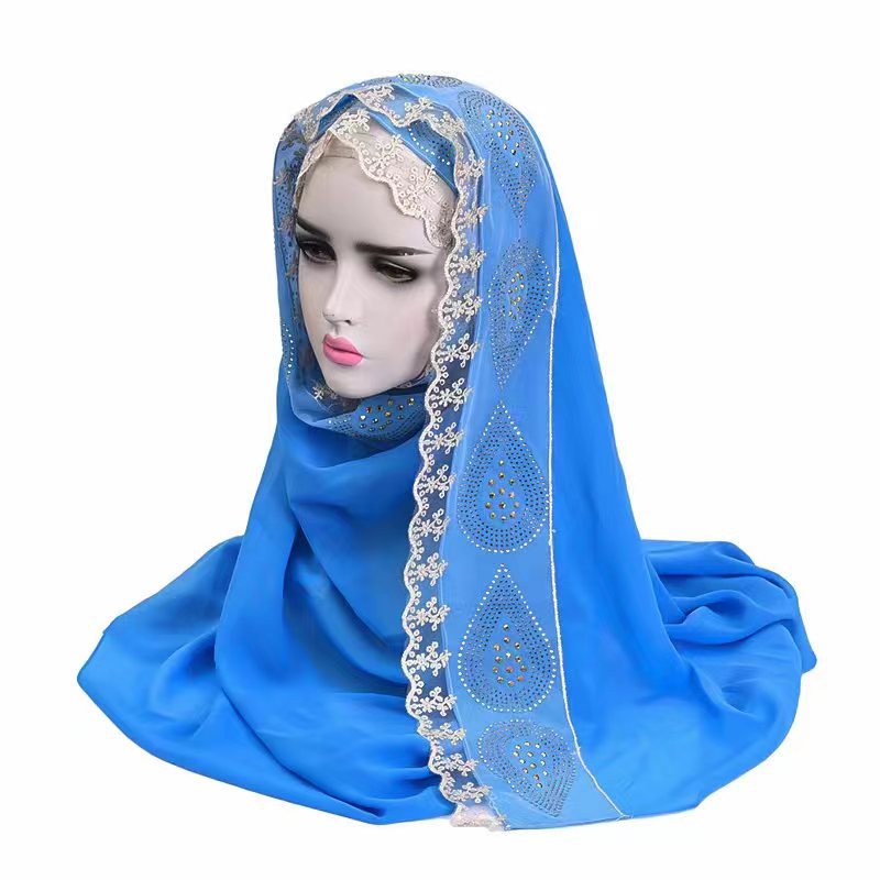 跨境中东阿拉伯新品头巾珍珠雪纺拼接蕾丝花边精品围巾爱心滴水钻详情6