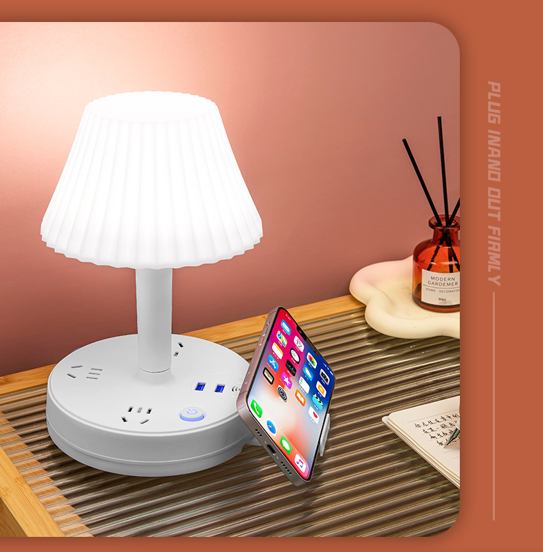 Intelligent voice-controlled bedside lamp with adjustable color, multi-functional socket, complimentary phone stand and USB interface pic 25