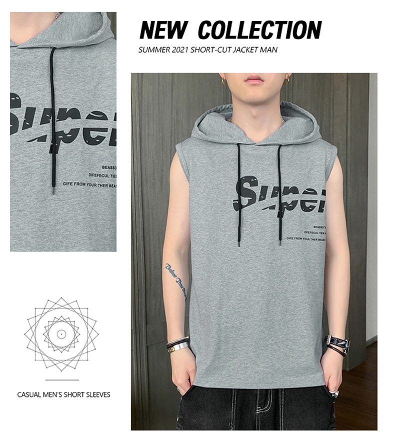 【一件代发】2023夏季新款男士连帽无袖背心韩版纯棉经典百搭坎肩详情17