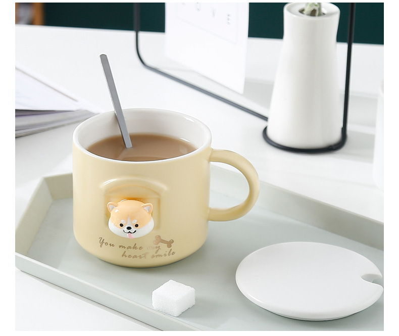 立体柴犬可爱卡通陶瓷杯秋田犬马克杯带盖勺学生办公家用水杯情侣详情17