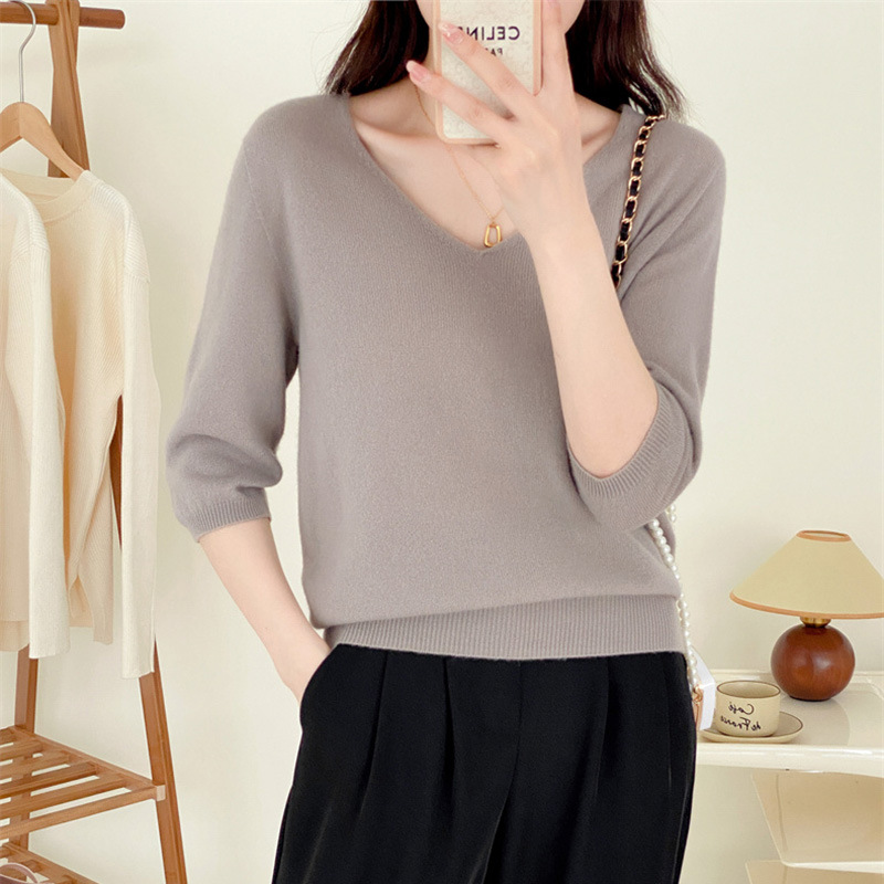 V-neck full wool knitted sweater for slimming and elegant look, seven-inch sleeve pullover wool sweater, sweater top #23127 pic 13