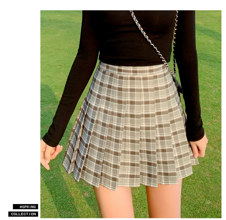 2021 New Korean-style high-waisted, slimming, versatile and anti-glare A-line checkered pleated skirt short skirt for women pic 13