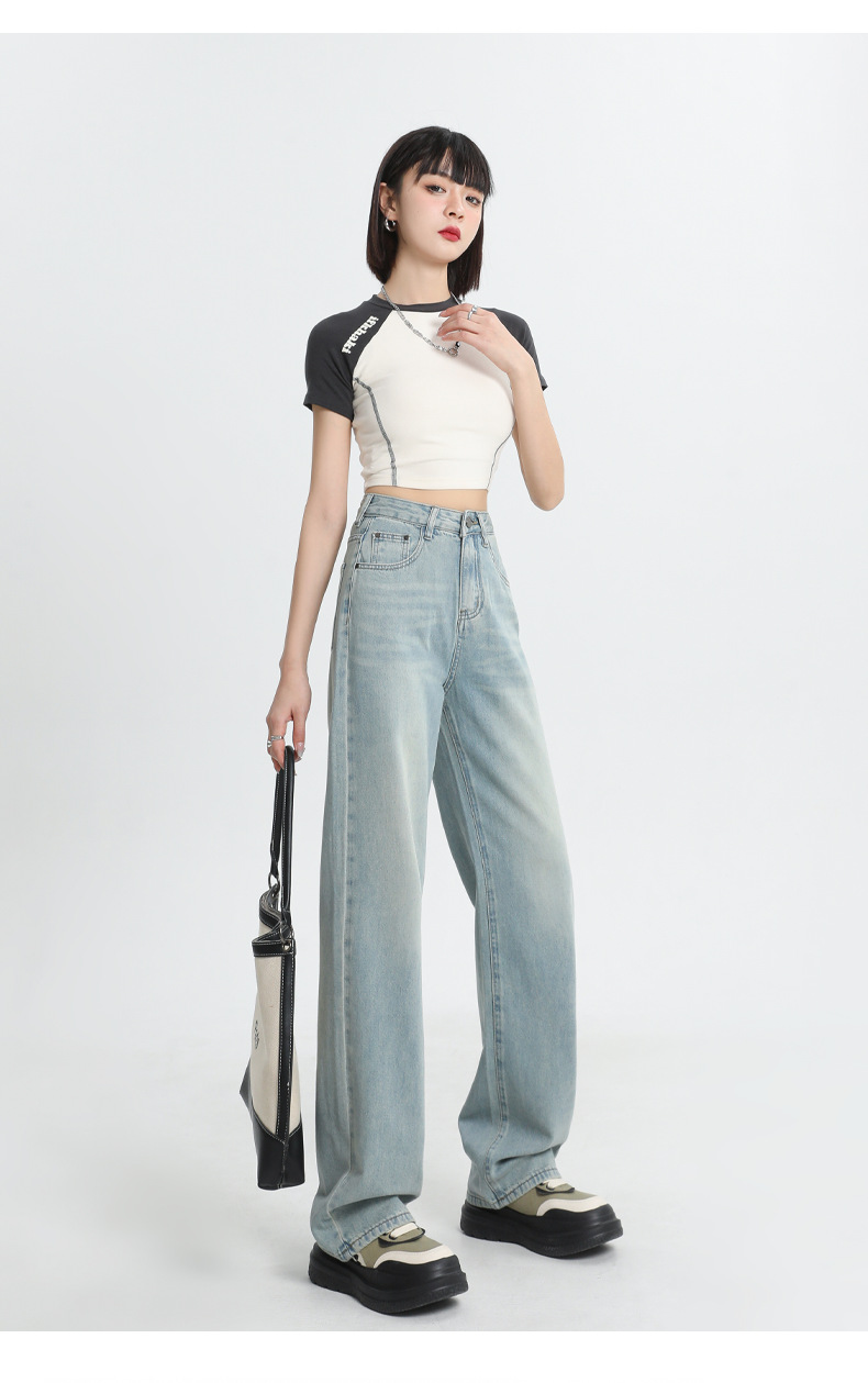 夏季主推透气超软质感直筒牛仔裤女显瘦小个子阔腿高腰拖地直筒裤详情22