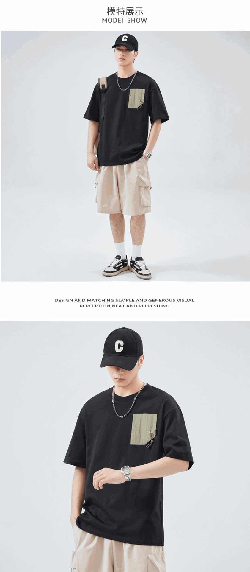 Japanese pure cotton patchwork pocket short-sleeved T-shirt for men, a summer heavyweight fashion brand, ins loose, casual and versatile T-shirt top pic 7