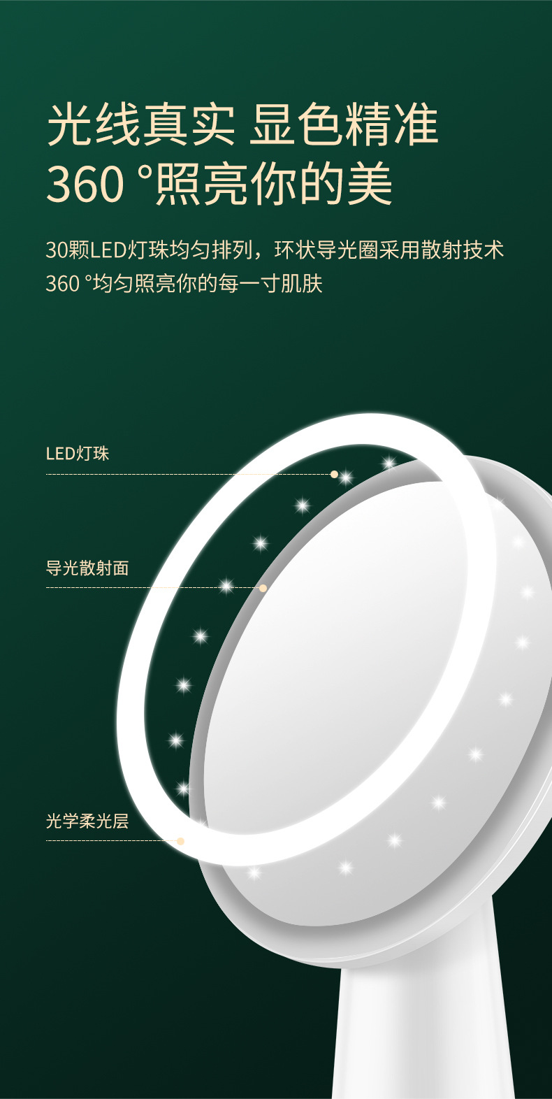 轻奢台式化妆镜桌面带灯补光美妆镜家用宿舍充电式LED梳妆镜厂家详情8