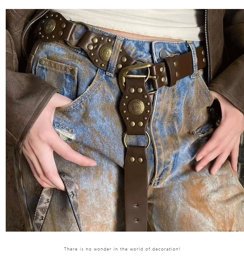 A new American-style retro loop belt with rivets for women, a brown belt paired with jeans and a Korean-style belt chain pic 3