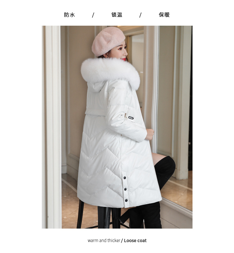 Korean winter new mid-length down cotton-padded jacket, PU leather, true fox fur collar, thickened leather coat pic 10